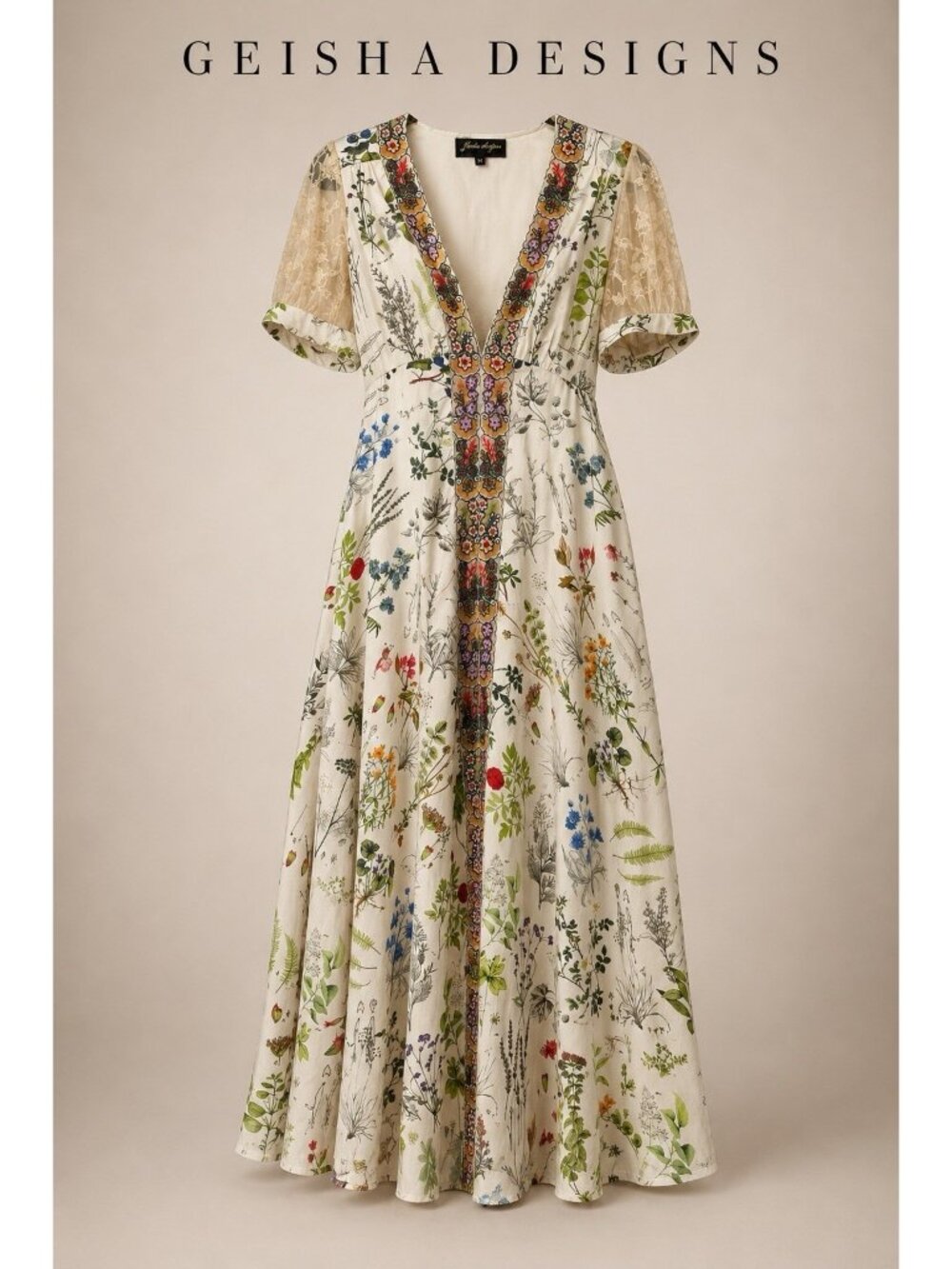 Geisha Design Anthropologie Donna Botanical Print Maxi Dress Embroidered XS - Picture 3 of 8